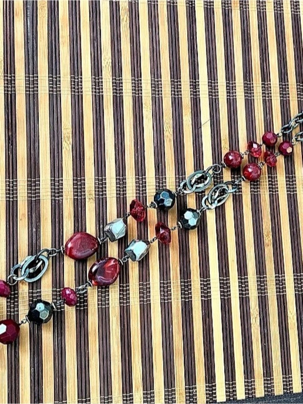 Ruby Road Beaded Charm statement Necklace in Red & Gray
